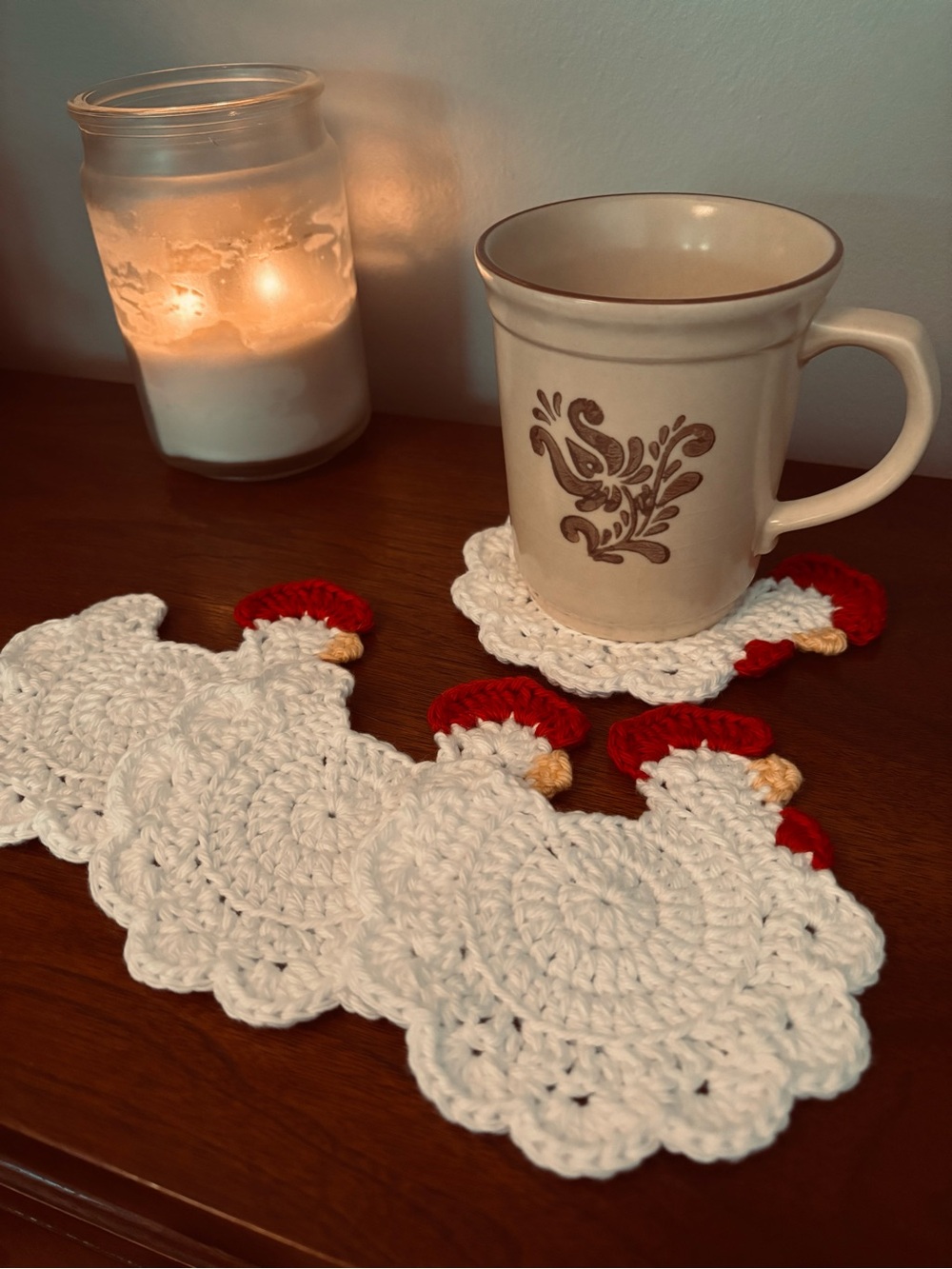 Handmade Crochet Chicken Coasters - Set of 4 White & Red